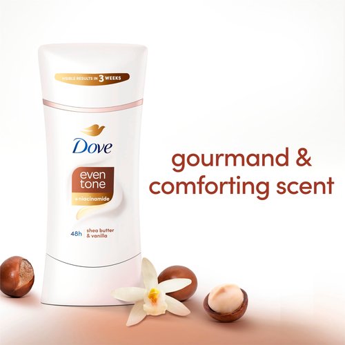 Dove Antiperspirant Deodorant Stick Even Tone Shea Butter & Vanilla Pack of 3 for 48h Odor and Sweat Protection & Skin Restoration, with Niacinamide & Visible Results in 3 Weeks, 2.6 oz