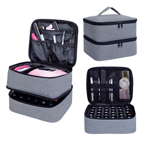 UOZL Nail Polish Organizer, Handheld Double Layer Organizer Holds 30 Bottles (15 ml/0.5 floz) with Adjustable Dividers for Nail Polish Small Manicure Lamp Manicure Tools Essential and Travel,Gray