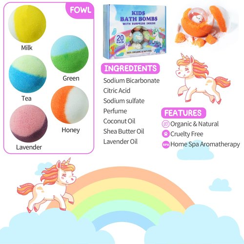 Yekery Bath Bomb Gift Set with Toys Inside, 20 Pack Organic Bath Bombs for Kids, Kids Safe Handmade Fizzy Balls for Kid, Ideal Birthday Gift for Boys & Girls
