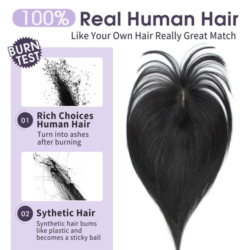 EonLuxe Jet Black Real Human Hair Topper with Bangs Covers Thinning Crown, Receding Hairline for Women 10inch Clip-In Hair Topper for Thinning Hair