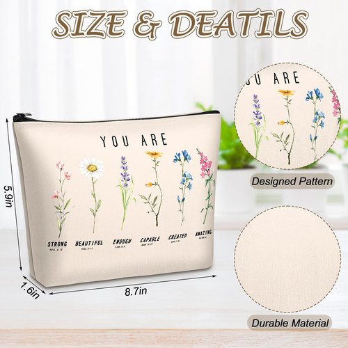 Frienda 24 Pcs God Says You Are Cosmetic Bags for Women Bible Verse Floral Makeup Case Inspirational Religious Bags Affirmations Christian Gifts for Back to School Birthday Holidays(Natural Color)
