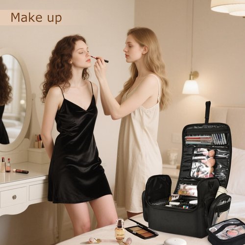 Adazzo Professional Makeup Bag with Brush Holder, Large Makeup Case with with Shoulder Strap & 4 Clear Set Bags, Travel Cosmetic Storage Organizer Box with 2 Side Pockets & Dividers for Makeup Artists