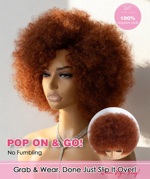 QUEEN VIRGIN REMY QVR Afro Wig For Women Short Afro Kinky Curly Bob Glueless Wigs Human Hair Natural Looking 70s Afro Wigs With Bangs Short Bouncy Afro Puff Wig For Daily Party Wear