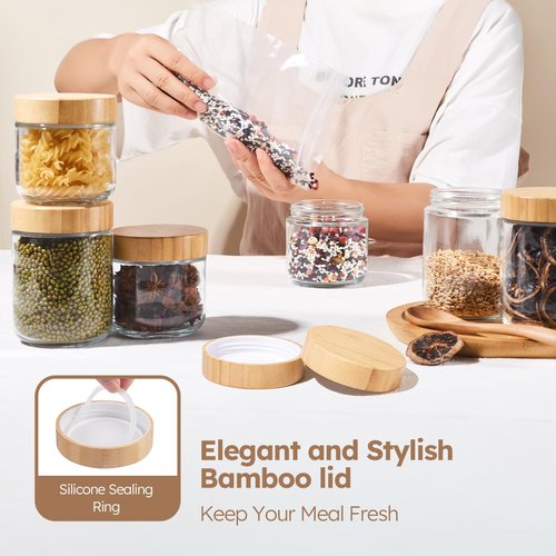 Tecohouse Chia Pudding Jars with lids, 6 Pack 12 OZ Overnight Oats Containers with Bamboo Lids, Mason Glass Cosmetic Jars with Airtight Lids For Salad, Meal Prep, Snacks, Spice, Suger, Yogurt