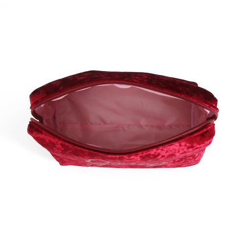 Juicy Couture Red Makeup Bag Cosmetics Organizer Travel Essentials Zip Top Wedge Crushed Velvet Sequin Logo