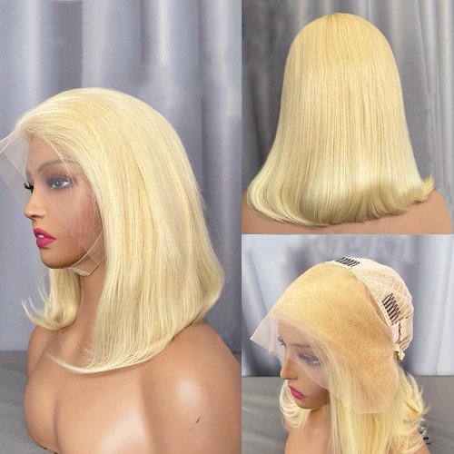 Bob Wig Human Hair 13x6 HD Frontal Lace Wig Real Human Hair 180% Density Straight Blonde 613 Human Hair Wigs for Black Women Glueless Wigs Pre Plucked Blunt Cut Wig 8 Inch