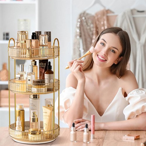 shuang qing Rotating Makeup Organizer for Vanity, High-Capacity Skincare Clear Make Up Storage Perfume Organizers Cosmetic Dresser Organizer Countertop 360 Spinning (Gold, 3 Tier)