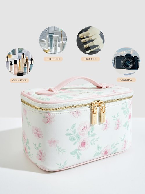 ROWNYEON Makeup Bag for Women,Large Capacity Floral Travel Cosmetic Bag, Makeup Organizer,Waterproof Leather Portable Toiletry Bag for Women, Travel Essentials Case