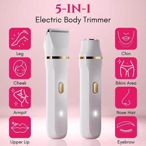 Paradise Bliss Quality 5-in-1 Bikini Trimmer Electric Razors with USB Cord, Excellent Facial Hair Elimination, Wet/Dry Body Shaver for Nose, Eyebrows, Beard, Leg, and Arm, IPX7 Waterproof (White)
