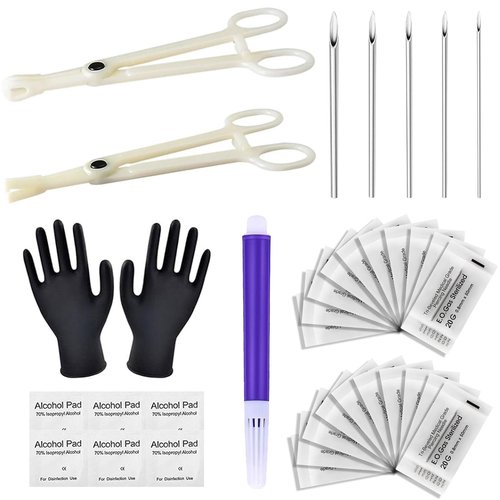 judero Piercing Kit 36Pcs Piercing Clamps Kit with 25Pcs Mixed 12G 14G 16G 18G 20G Ear Nose Piercing 2Pcs Piercing Clamps Forceps 6Pcs Clean Tools 2Pcs Gloves 1Pc Marker Pen for Piercing Tool