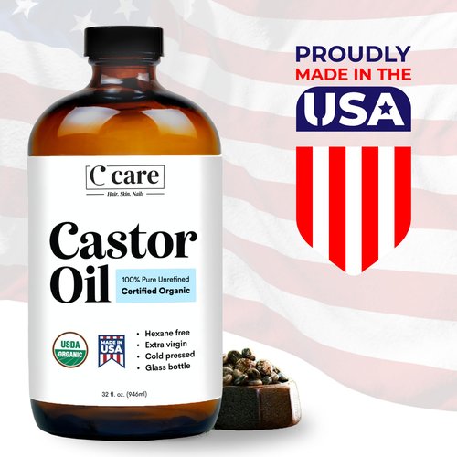 C CARE Castor Oil 100% Pure Organic Cold Pressed Unrefined Glass Bottle | USDA Certified Organic | Hexane Free Extra Virgin | For Hair Growth Eyebrows Eyelashes Skin and Castor Oil Pack Wrap