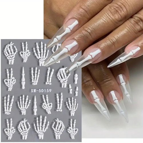2Pcs Halloween Nail Art Stickers Skull Nail Decals 5D Embossed with Fantasy Bone Skeleton Design Nail Stickers White Hand Finger Bones Nail Art Supplies Adhesive Nail Stickers for Nail Art for Women