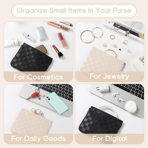 Sightor 2PCS Pocket Cosmetic Bag for Purse, Checkered Makeup Bag Portable Leather Cosmetic Bag for Women, Coin Purse Lipstick Cosmetic Accessories Organizer Travel Cosmetic Pouch (Black, Beige, L)