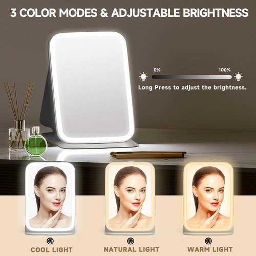 Mocado Travel Makeup Mirror with Lights, 360 Rotation, 10x Magnification, 3 Color Lightings, Dimmable Touch Screen, Tabletop Light up Mirror