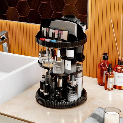 Yieach Rotating Makeup Organizer,Adjustable Spinning Skincare Organizer,Counter Top,Vanity Organizers and Storage for Brush,Perfume,Bathroom Lazy Susan Organizer for Skin Care,Beauty Product,Black