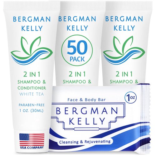 BERGMAN KELLY Rectangle Soap Bars, 2in1 Shampoo & Conditioner 2-Piece Set (White Tea, 1 oz each, 100 pc), Delight Your Guests with Revitalizing & Refreshing Sanitary Toiletries & Hotel Amenities