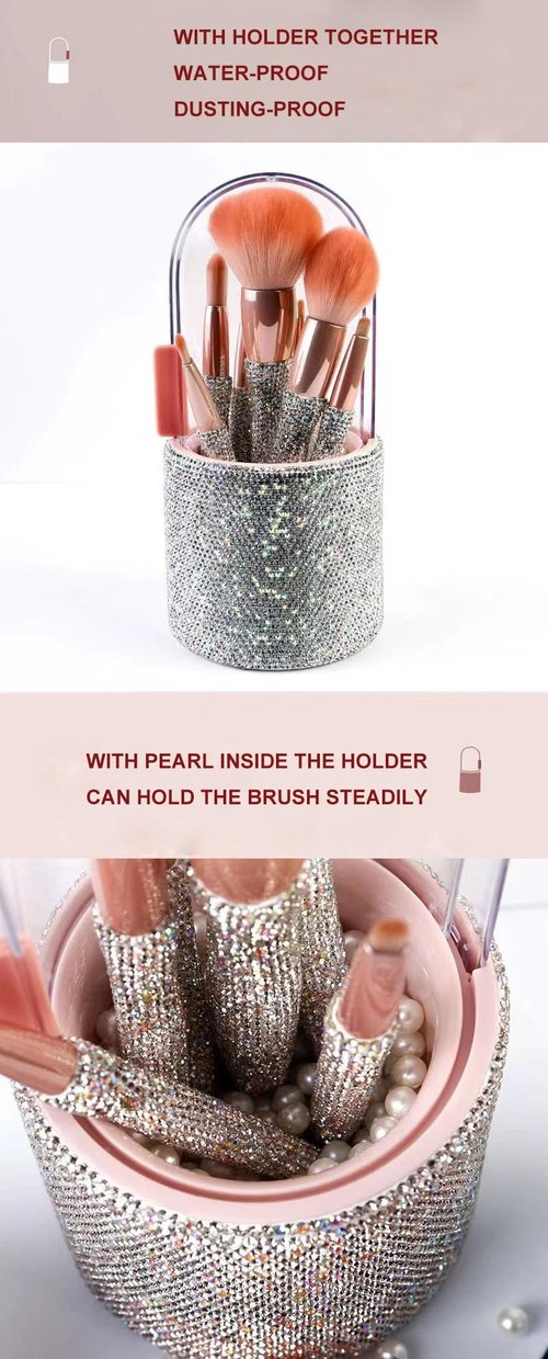 COSHINE Blingbling Luxurious Professional Makeup Brush Set, 8 pcs Full Complete Function Cosmetic Brushes with Shiny Diamond Holder