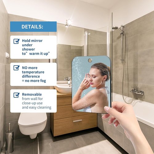 Shatterproof Shower Mirror Fogless for Shaving,(Larger 10.7x8 Inch) Anti Fog Shaving Mirror Holder NO-Drilling, No Fog Free Waterproof,Small Wall Mounted Bathroom Accessories Camping Hanging Men