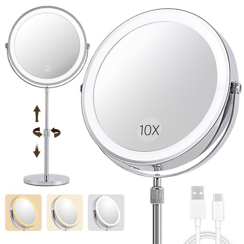 1X/10X Magnifying Makeup Mirror with Lights - 8" Dual-Sided Vanity Mirror with 3 Color Lights for Women's Travel Cosmetic Mirror & Gift | 3000 mAh-USB Rechargeable | 360° Rotation | Adjustable Height