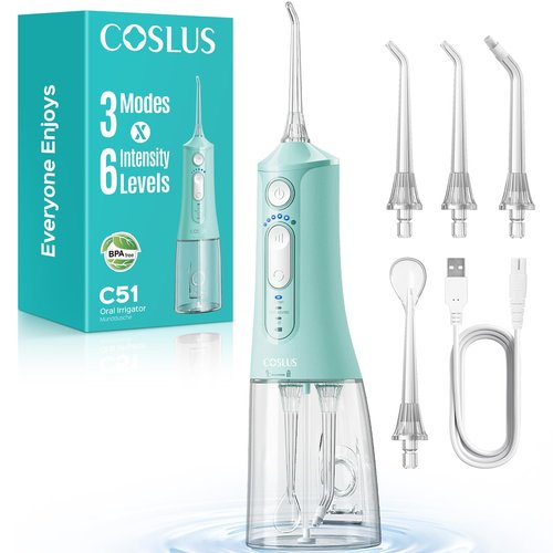 COSLUS Portable Water Flosser for Teeth: 3 Modes & 6 Pressure Settings with Jet Mode Water Dental Pick for Orthodontic, Braces, Sensitive Gums, Compact for Travel, 300ML for Multiple Users, Green C51