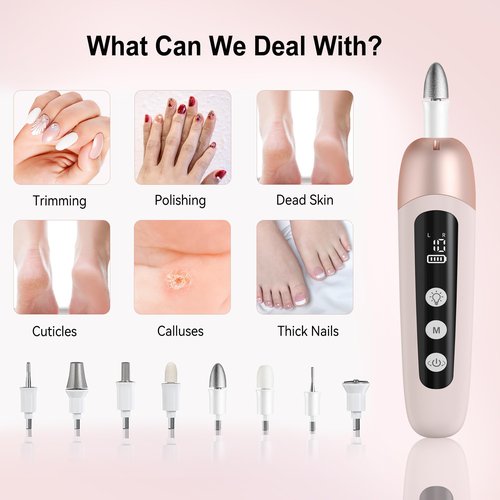 Atopskins Electric Nail Drill Cordless Nail File Professional Manicure Pedicure Kit, 9 in 1 Hand Foot Rechargeable Care Tool, 10 Speeds Electric Nail File Grinder for Thick Toenail Trim Polish Pink