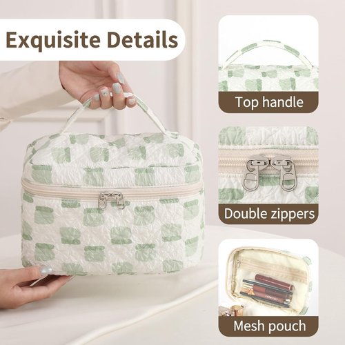 RIGHT AWAY Large Quilted Makeup Bag Set,3 Pcs Travel Make Up Bags for Women Girls,Cute Coquette Aesthetic Cosmetic Pouch Toiletry Bag,Preppy Makeup Brushes Organizer (Green)