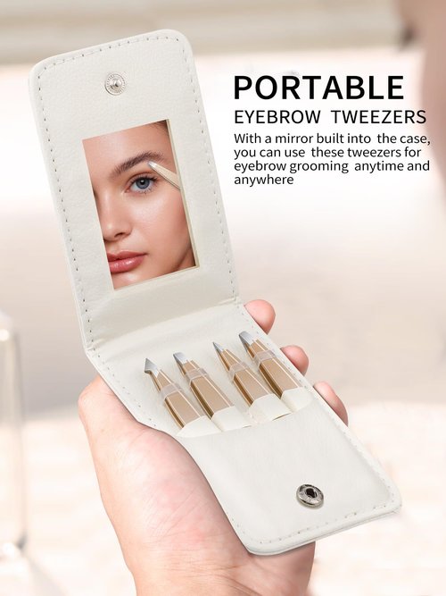 Tweezers Set for Women Facial Hair: Stocking Stuffers 4Pcs Stainless Steel Eyebrow Tweezer Set with Travel Mirror Case, Suitable for Everyday Use in Car, Purse