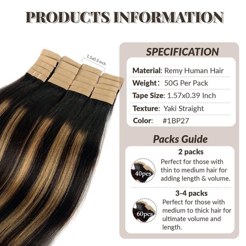 Tape in Hair Extensions Human Hair Yaki Straight Natural Black Hair Extensions Balayage Caramel Blonde Highlights Real Remyh Human Hair 14 Inch 50g/pack 20pcs Tape Hair Extensions for Black Women