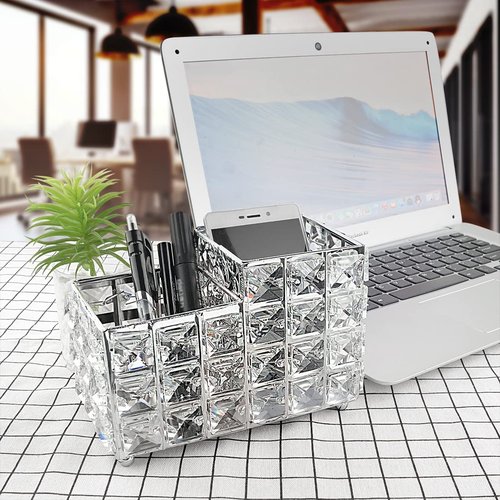 LUEXBOX Crystal Makeup Brush Holder, One-Piece Square Brush Organizer, Cosmetics Brush Storage Container for Table, Dresser, Bathroom, Bedroom Organization (Silver)