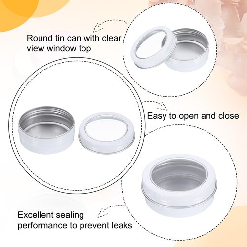 uxcell 2 Oz Tin Cans, 24 Pcs Aluminum Round Tins, Travel Sized Small Metal Tins Cosmetic Sample Containers with Clear Lid for Lotion Bars Beard Balms Candles, White