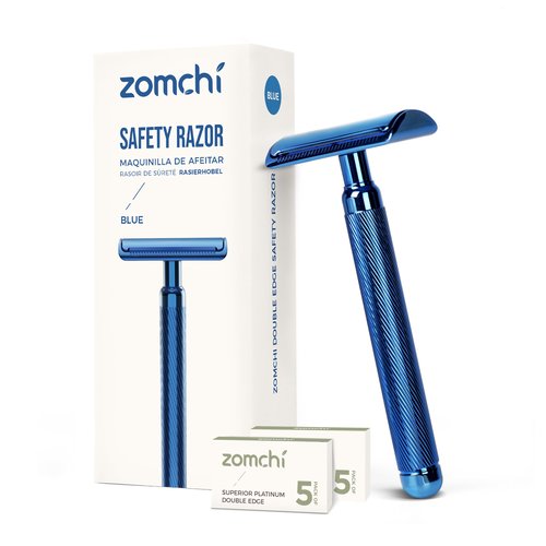 ZOMCHI Double Edge Safety Razor for Men & Women, [New Version 2.0 ] Metal Razor with 10 Double Edge Safety Razor Blades, Single Blade Razor – Noble Blue