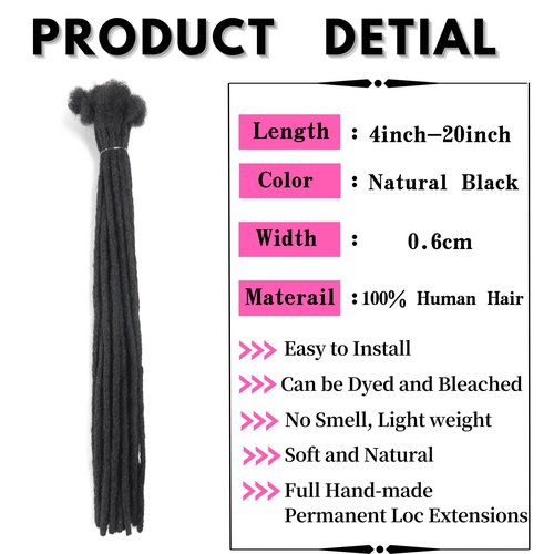Dreadlock Extensions Human Hair 16 Inch 10 Strands 0.6 cm Width Loc Extensions 100% Real Human Hair Dreadlock Extensions Can Be Dyed Bleached Loc Extension for Men and Women (10 Strands Natual Black)