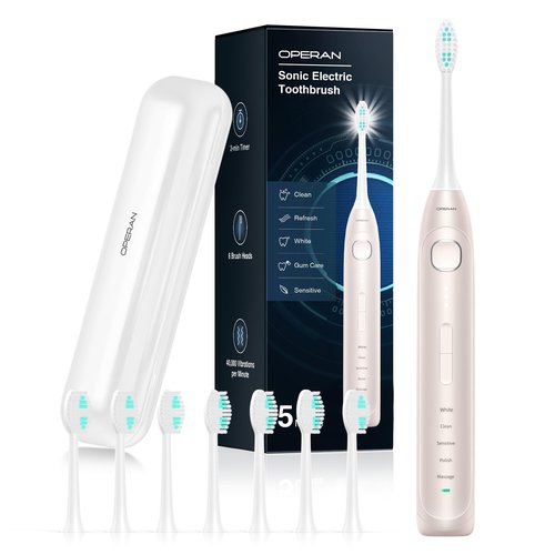 Operan Electric Toothbrush for Adults and Kids Rechargeable Sonic Toothbrush with 5 Modes 2-Min Smart Timer IPX7 Waterproof 40,000 VPM Motor with 8 Brush Heads & Travel Case (Champagne, 1Pack)