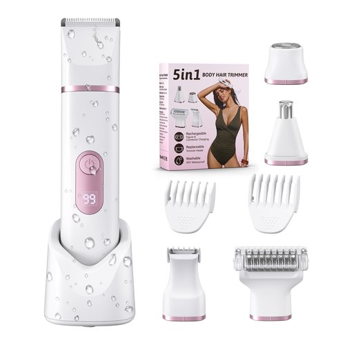 NPYXBR 5-in-1 Bikini Trimmer for Women: IPX7 Waterproof Electric Razor Shaver for Face, Pubic Area, Leg, Arm, Underarm, Nose, Cordless Rechargeable Body Hair Removal, Battery Display, Ceramic Blade