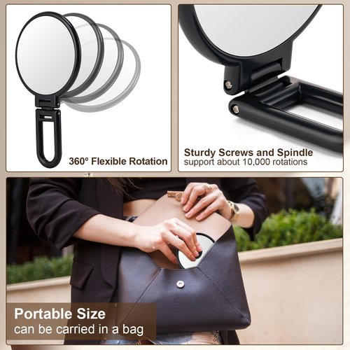BOOMIBOO 1X/10X Magnifying Handheld Mirror Double Sided, Foldable Travel Makeup Mirror, Adjustable Rotation Pedestal Hand/Hanging/Desk Vanity Mirror-Black
