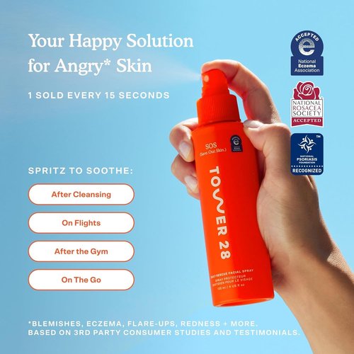 Tower 28 SOS Daily Rescue Spray Duo for Sensitive Skin, Hypochlorous Acid Spray Helps Reduce Redness and Breakouts, Full Size and Travel Size