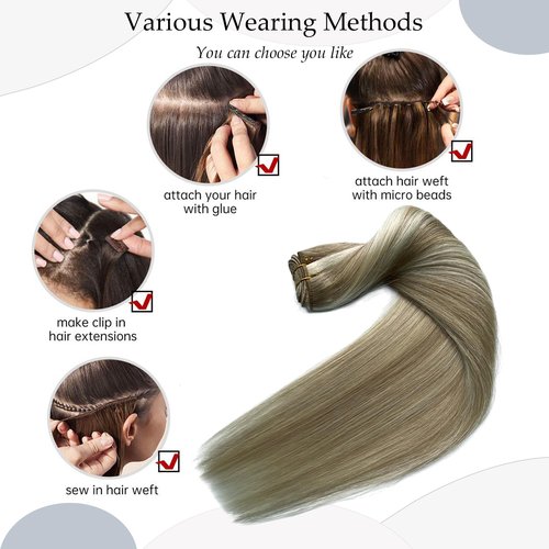 Sew in Hair Extensions Real Human Hair Ash Blonde Balayage Blonde Hand Tied Weft Hair Extensions Human Hair Bundles 14 Inch 80G Sew in Weft Hair Extensions Human Hair Weave Sew in Weft Extensions