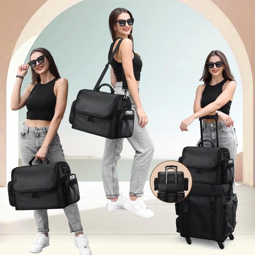 Adazzo Professional Makeup Bag with Brush Holder, Large Makeup Case with with Shoulder Strap & 4 Clear Set Bags, Travel Cosmetic Storage Organizer Box with 2 Side Pockets & Dividers for Makeup Artists