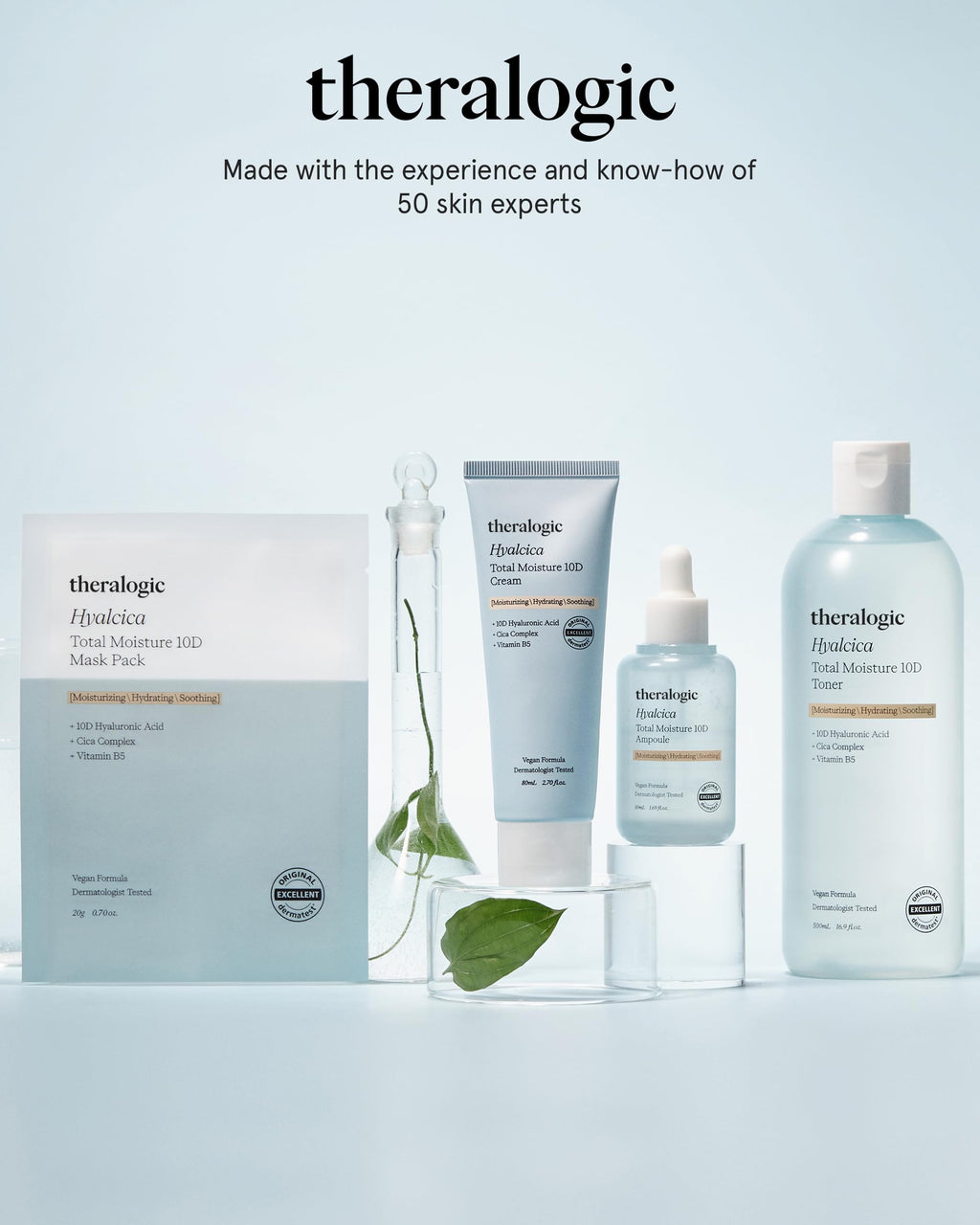 theralogic Hyalcica Total Moisture 10D Mask - Vegan Korean Moisturizing Face Mask Sheet with 10 Hyaluronic Acid and Cica - Non Sticky Refreshing - Derma Tested, 10 Sheets