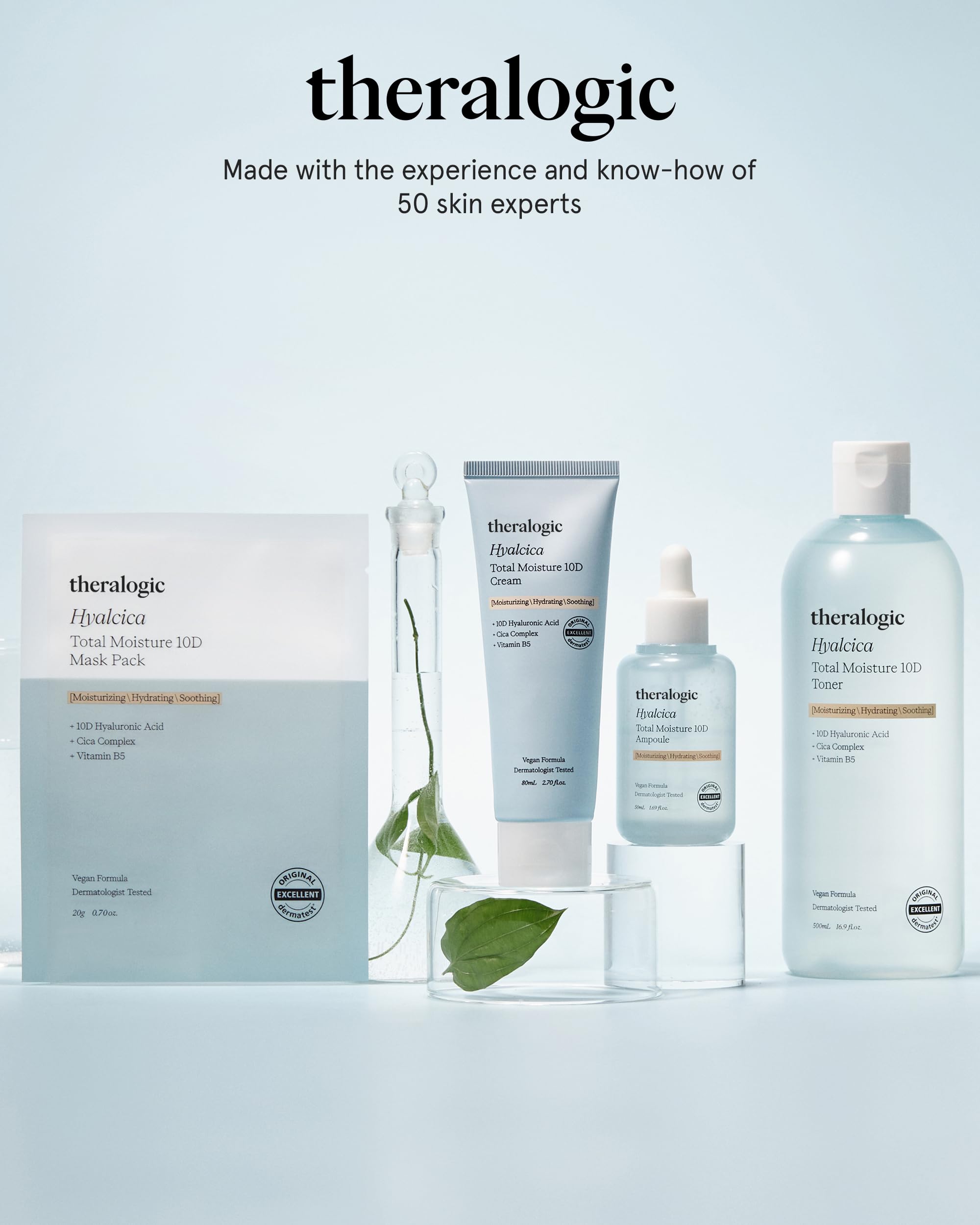 theralogic Hyalcica Total Moisture 10D Mask - Vegan Korean Moisturizing Face Mask Sheet with 10 Hyaluronic Acid and Cica - Non Sticky Refreshing - Derma Tested, 10 Sheets