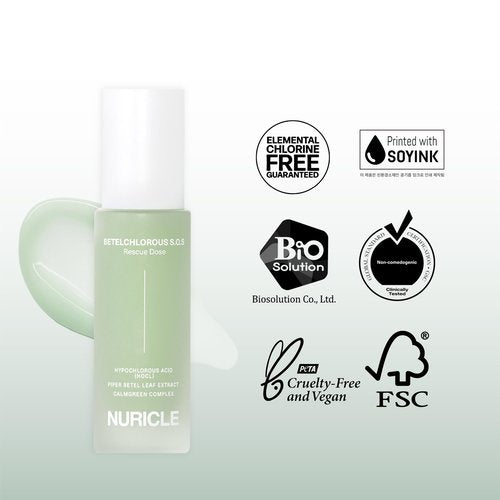 NURICLE BETELCHLOROUS S.O.S Rescue Dose 30ml(1.014 fl.oz) – Hypochlorous Acid Face Serum for Acne, Redness & Sensitive Skin – Korean Skin care Calming Serum