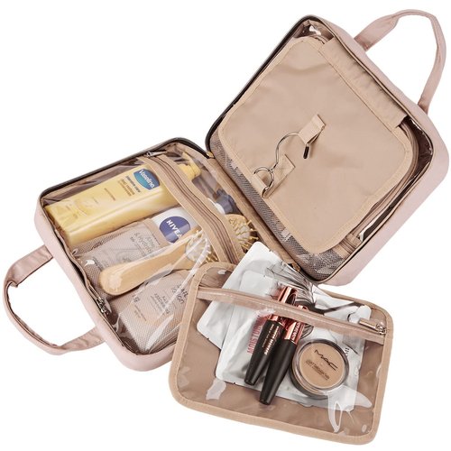 jerryfly Large portable women's travel toiletry bag with hanging organizer for full-size shampoo, conditioner, makeup brush set, makeup accessories (Pink)