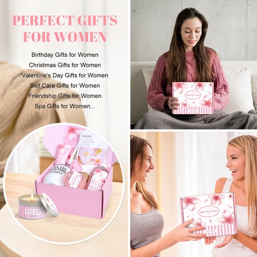 Bath Gift Set For Women, 12PCS Bath Sets For Women Gift, Birthday Valentine's Day Gifts Self Care Package for Her Mom Friend Sister Wife, Cherry Blossoms Relaxing Spa Gift Basket