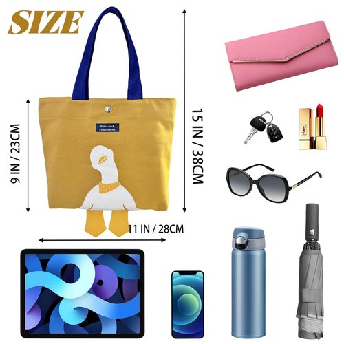 Kovewon Small Canvas Tote Bag for Women Cute Mini Duck Book Tote Bag Preppy Yellow Reusable Bags for Grocery, Essentials, Water Bottle, Keys, Book, Bible
