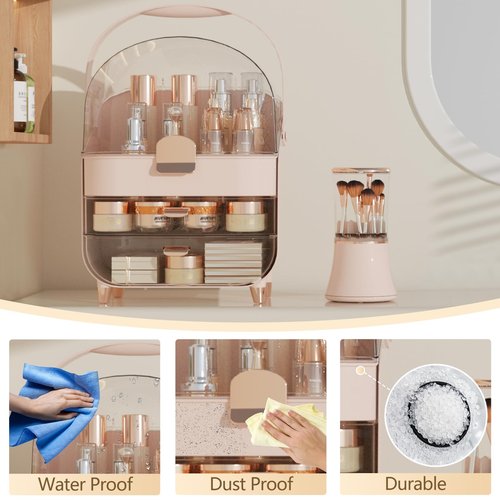 CLBDRESS Makeup Organizer Skincare Organizers, Make up Organizer for Vanity, Cosmetic Display Cases with Transparent Cover, Cosmetic Organizer for Bathroom, Dresser, Countertop Organizer, Pink