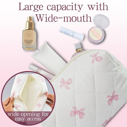 AMZMA Quilted Makeup Pouch,Cotton Puffy Makeup Bag, Coquette Cosmetic Bag for Women and Girls, Aesthetic Organizer Bag, Cute Flower Travel Toiletry Bag