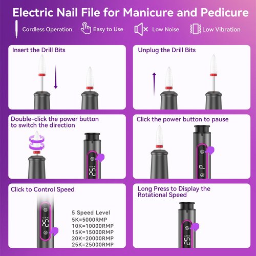 RAZOWISE Nail Drill Electric File: Professional for Acrylic Gel Powder Nails Portable Nail Drill for Manicure Pedicure Nail Efile 5 Speeds 12 in 1 with LED Display Rechargeable, Grey