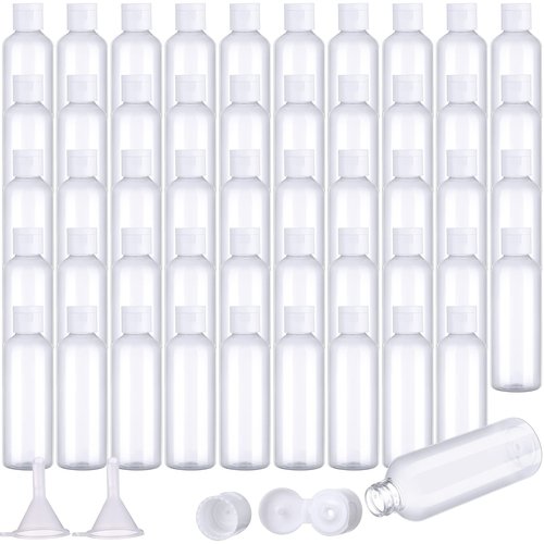 Gandeer 50 Piece 3.4 oz Travel Bottles Set Clear Plastic Refillable Squeeze Bottles with Flip Cap Dispensers and 2 Funnels for Travel-size Liquid Cosmetics(Clear, White)