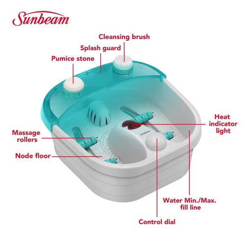 Sunbeam Deep Reservoir Aqua Therapy Foot Spa Foot Bath with Heat, Bubbles, Massage Rollers with Exfoliating Brush and Pumice Stone Pedicure Attachments, Extra Long Basin