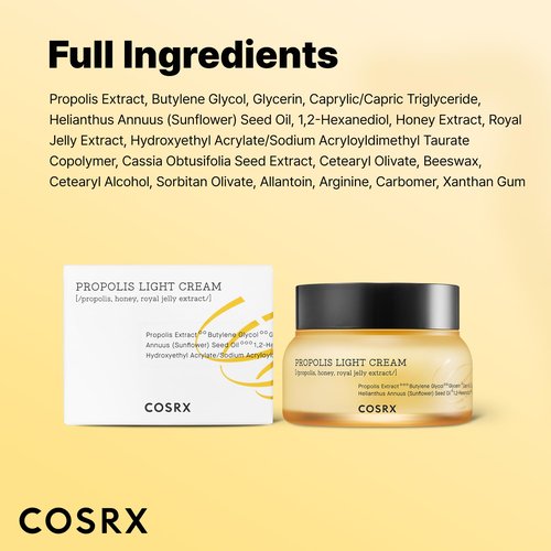 COSRX Full Fit Propolis Light Cream, 2.19 Fl.oz / 65ml, Propolis 64.5%, Hydrating Daily Day and Night Moisturiser, Korean Skin Care, Stocking Stuffers, Holiday Gifts, Gifts For Women